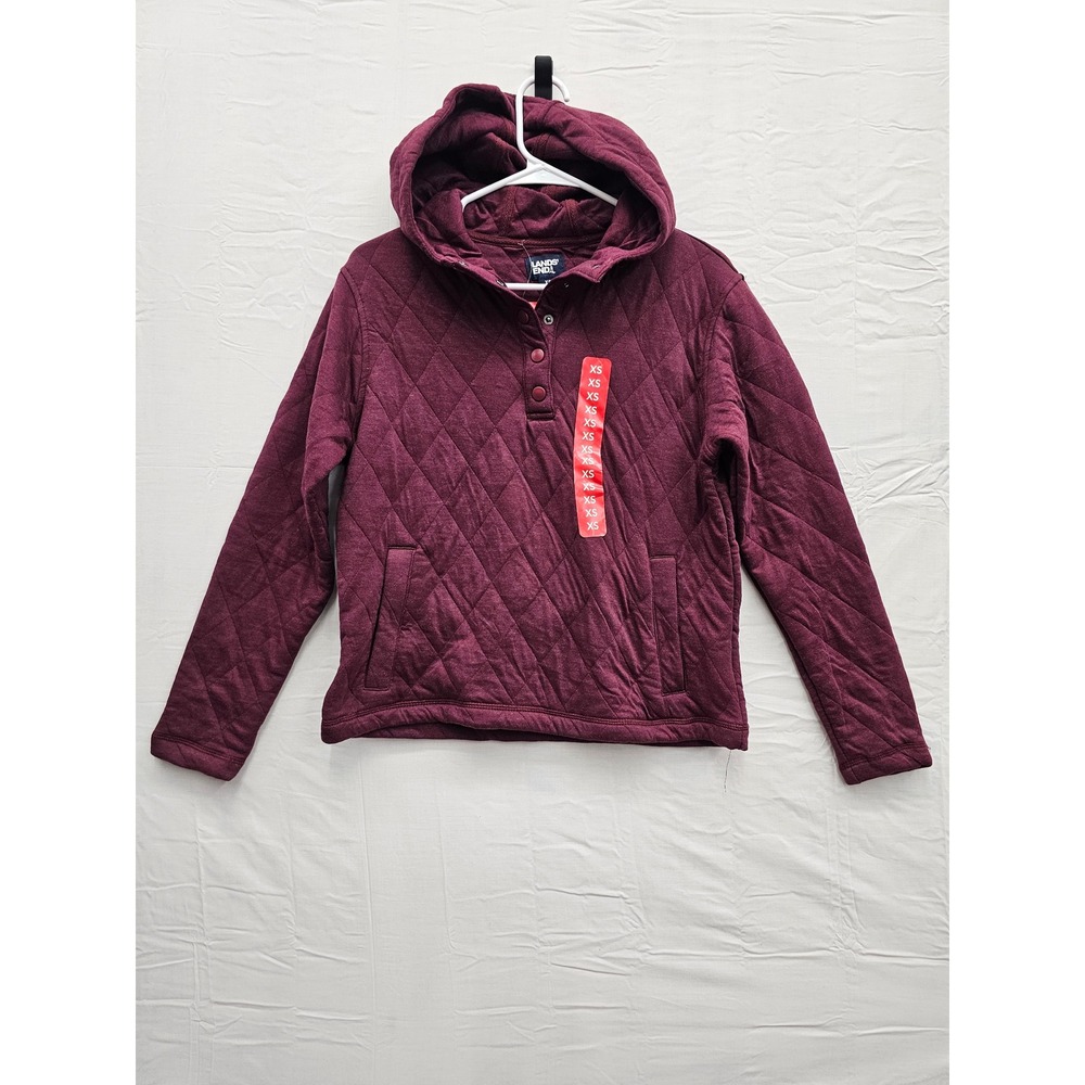 Lands End Womens Quilted Pullover Hoodie Burgundy Cotton Blend Casual Size XS